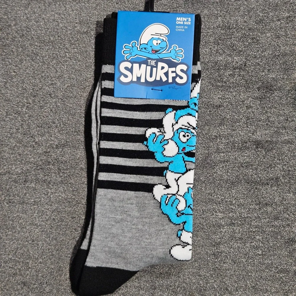 The Smurfs Mens Crew Socks Striped Graphic Grey Black One Size New